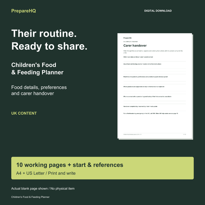 Children's Food and Feeding Planner, showing an actual blank carer-handover page; UK content in A4 and US Letter.