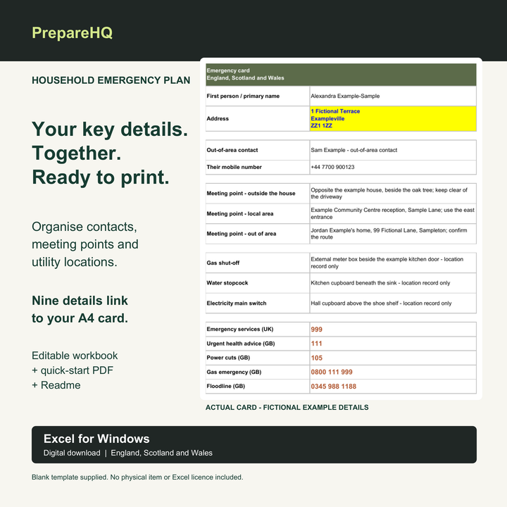 Household Emergency Plan for Windows Excel with its printable emergency card, shown with fictional example details.