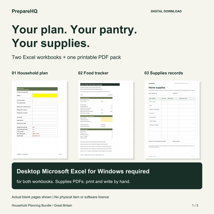 PrepareHQ household planning bundle for Windows Excel, with Emergency Plan, Food Store Rotation Tracker and printable supplies records.