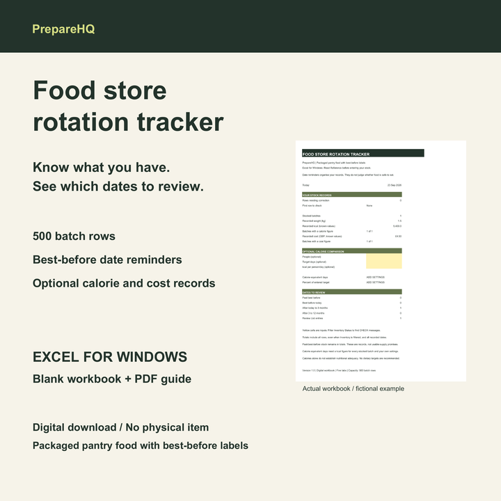 Food Store Rotation Tracker with a fictional example from the Windows Excel dashboard.