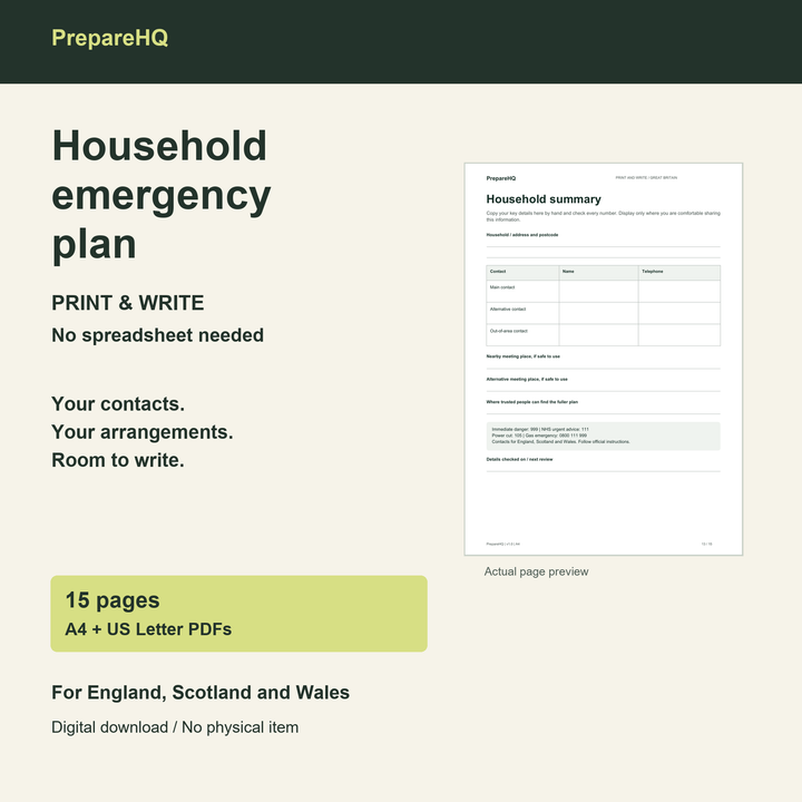 Great Britain Household Emergency Plan printable PDF, showing an actual blank household summary page.