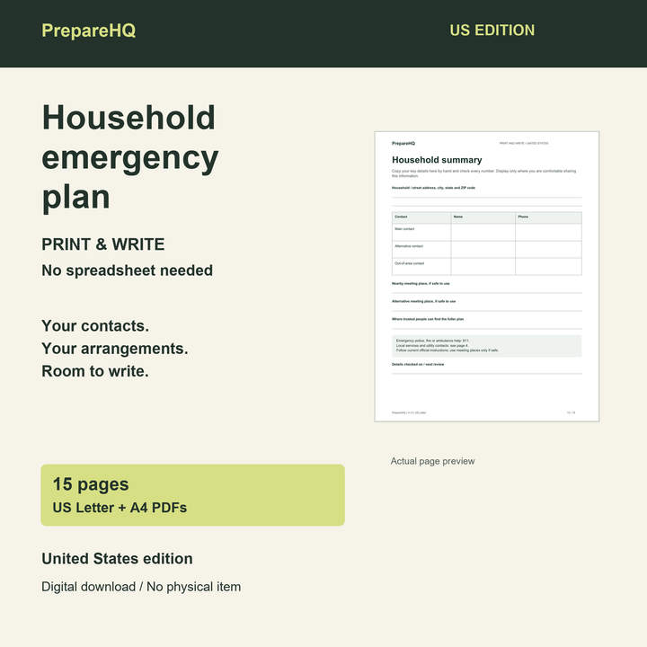 United States Household Emergency Plan printable PDF, showing an actual blank worksheet in the US edition.