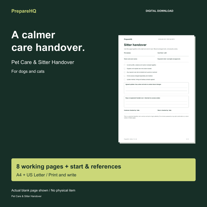 PrepareHQ Pet Care and Sitter Handover, showing an actual blank worksheet for dog and cat care records.