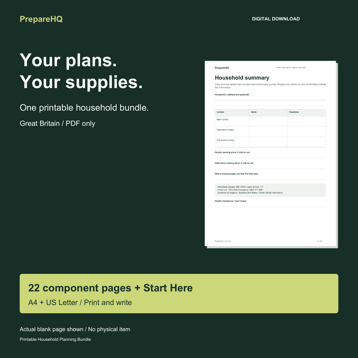 PrepareHQ printable household planning bundle, showing an actual blank worksheet; Great Britain content in A4 and US Letter.