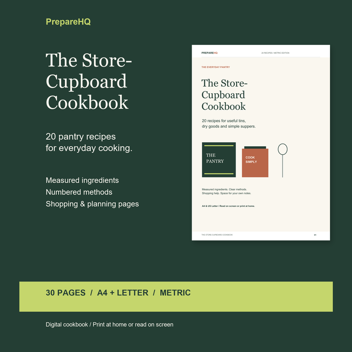 The PrepareHQ Store-Cupboard Cookbook, showing its cover; 20 metric recipes in A4 and Letter PDFs.