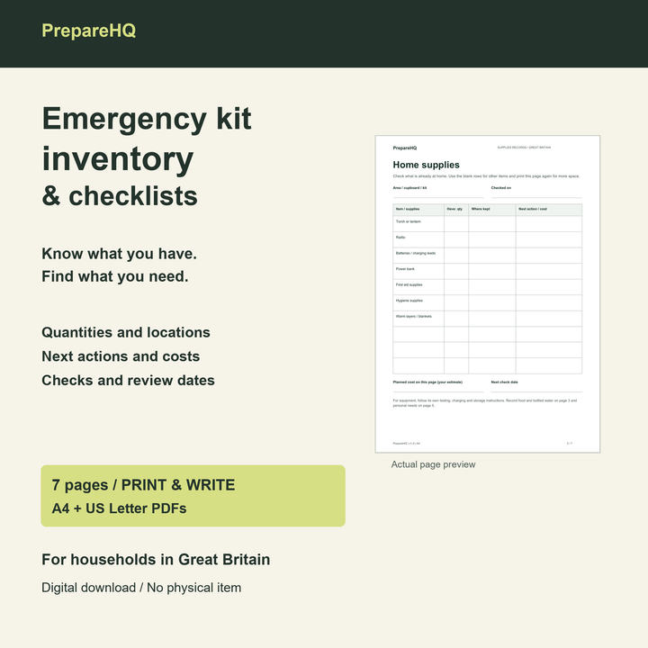 PrepareHQ Emergency Kit Inventory and Supplies Checklists, with an actual blank printable inventory page.