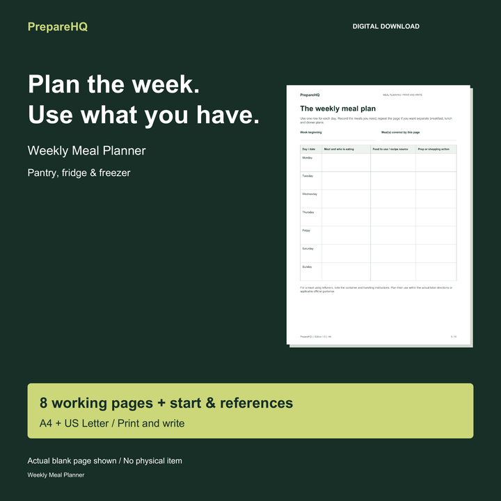 PrepareHQ Weekly Meal Planner, showing an actual blank worksheet; A4 and US Letter print-and-write PDFs.