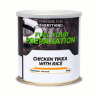 Chicken Tikka with Rice — packaging illustration; one tin shown; supplied in cases of six