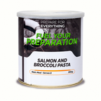 Salmon and Broccoli Pasta — packaging illustration; one tin shown; supplied in cases of six