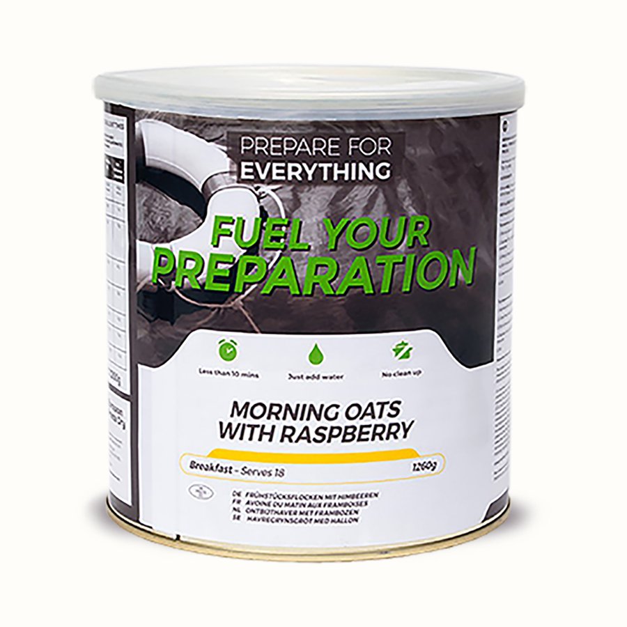 Morning Oats with Raspberry — one tin shown; supplied in cases of six