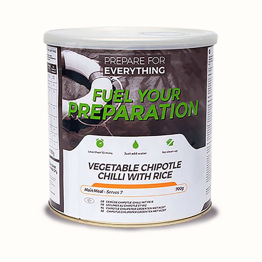Vegetable Chilli with Rice — one tin shown; supplied in cases of six